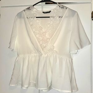 Shein white lace wrap smock blouse